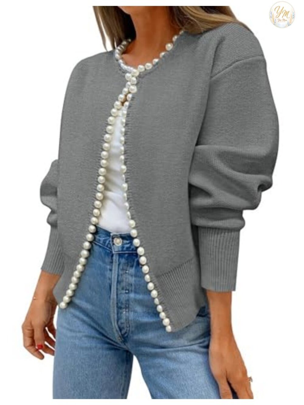 Pearl Trim Open Front Cardigan Sweater Long Sleeve Knit